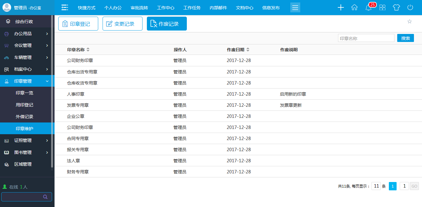 oa印章維護-進行新建、修改、作廢等維護操作